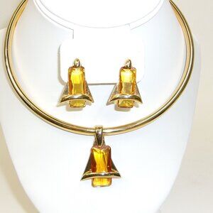 Premier‎ Designs Regency Atomic MCM Style Citrine Look Gold Necklace & Earrings